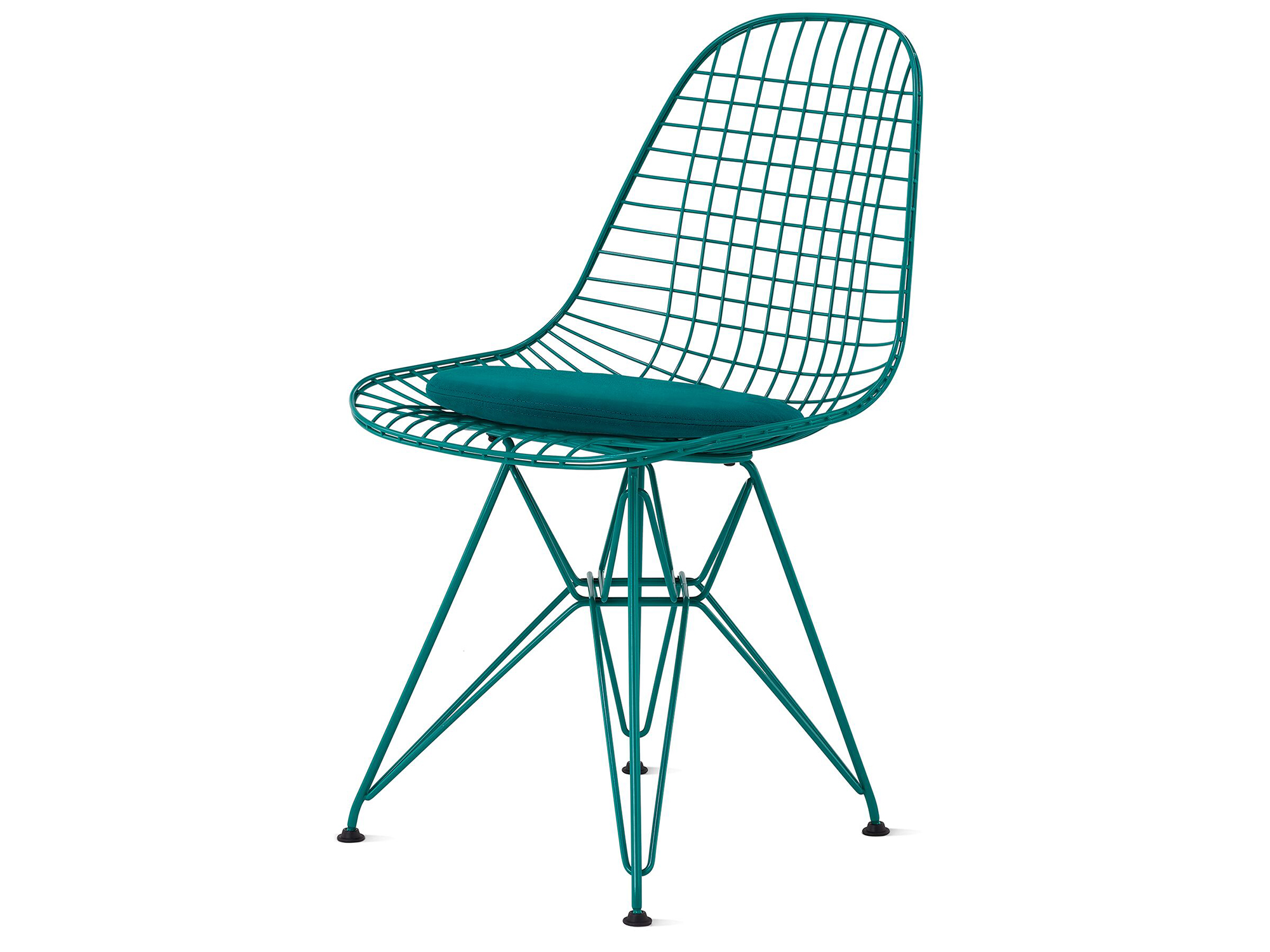 Mint green wire upholstered chair with wire base front angle view